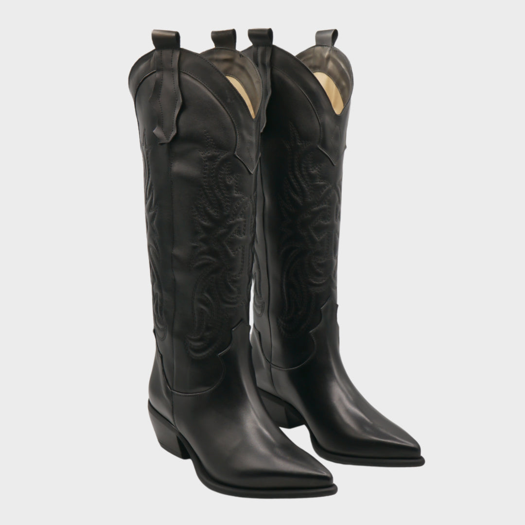 Clare - Texano Alto ricamato in pelle Nero