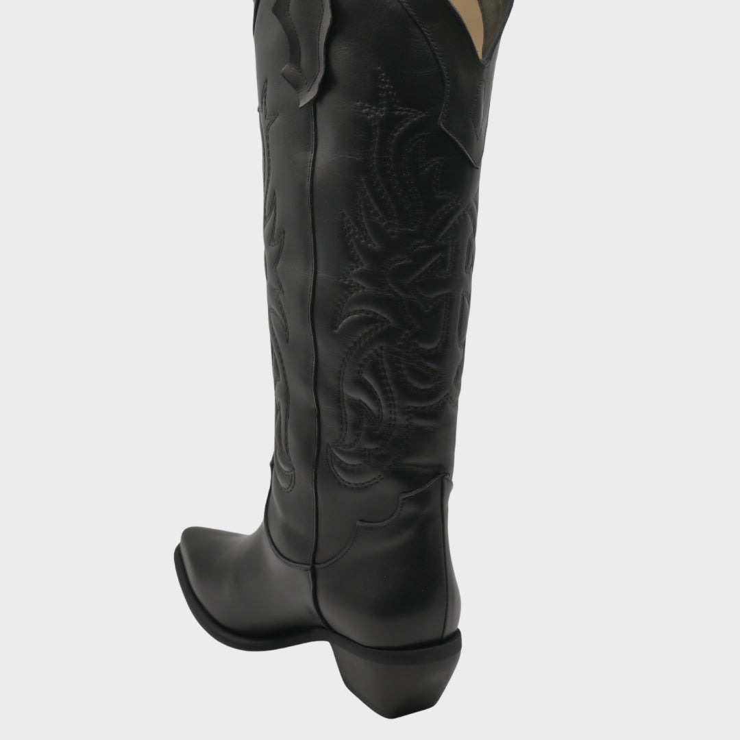 Clare - Texano Alto ricamato in pelle Nero retro