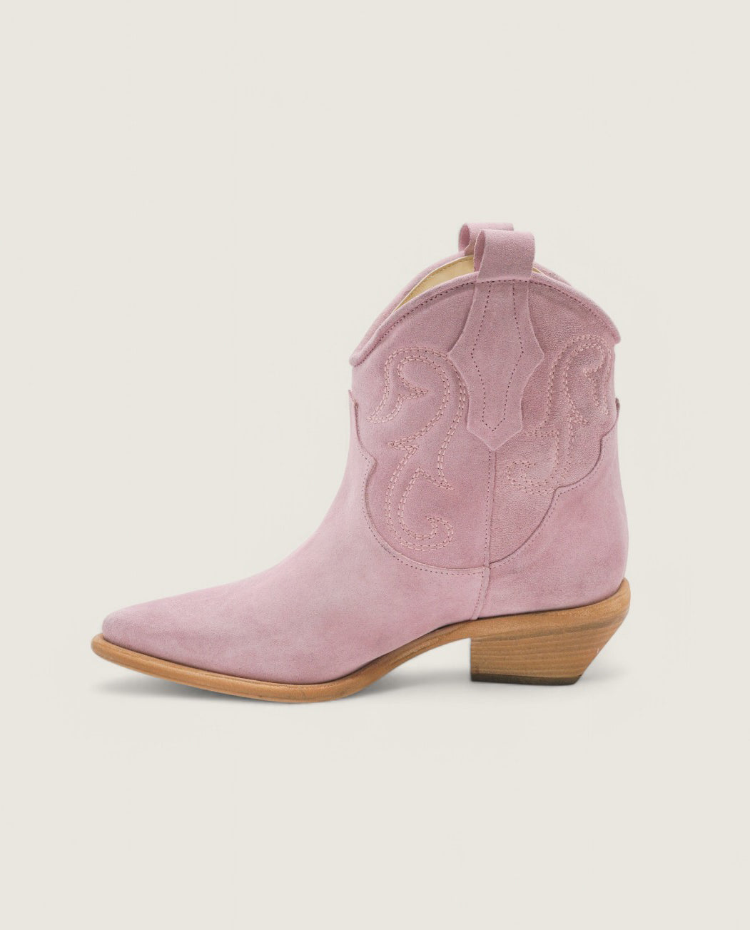 Jade - Texano basso ricamato in Camoscio Rosa vista laterale