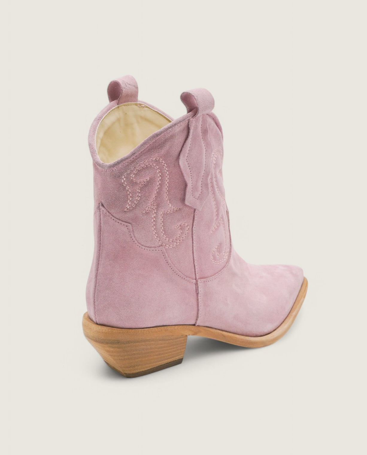 Jade - Texano basso ricamato in Camoscio Rosa tacco